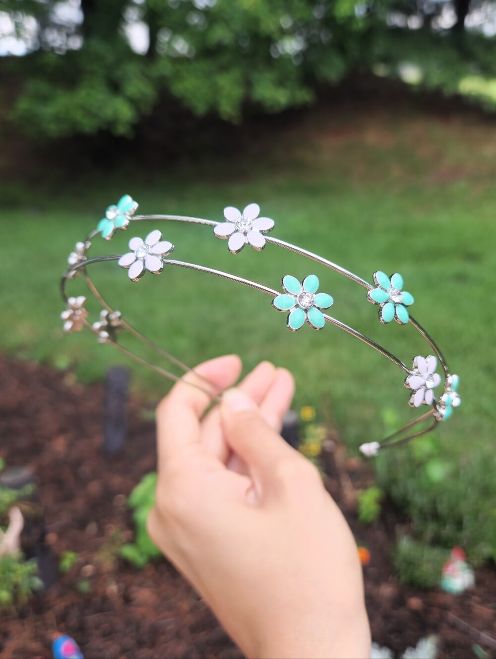 Floral Double-Band Wire Headband with Mint and White Enamel Flowers